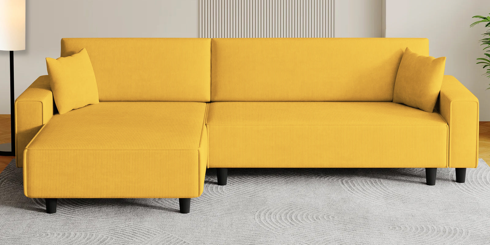 Peach Fabric RHS 6 Seater Sofa Cum Bed With Storage In Bold Yellow Colour - Febonic Living