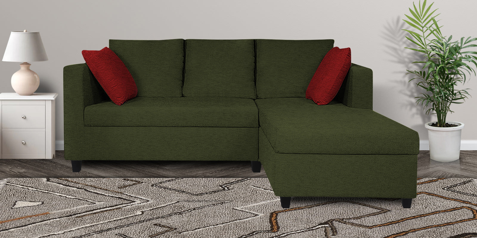 Nebula Fabric LHS Sectional Sofa (2+Lounger) In Olive Green Colour - Febonic Living