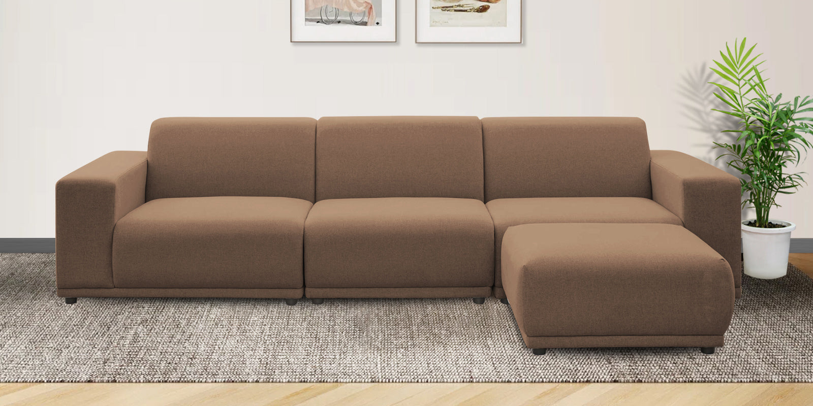 Adam Fabric RHS Sectional Sofa (3+Ottoman Lounger) In Cookie Beige Colour - Febonic Living