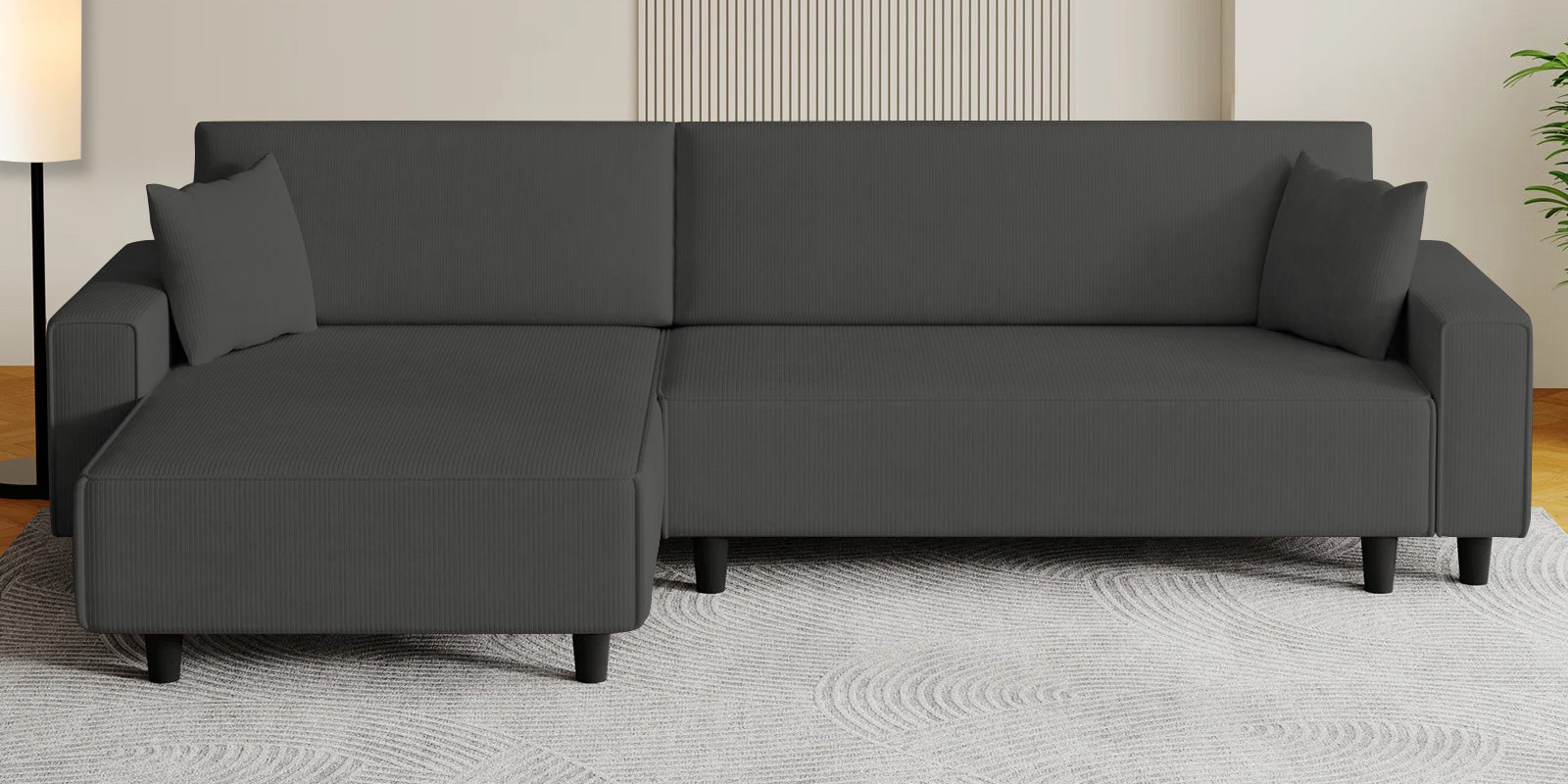 Peach Fabric RHS 6 Seater Sofa Cum Bed With Storage In Charcoal Grey Colour - Febonic Living