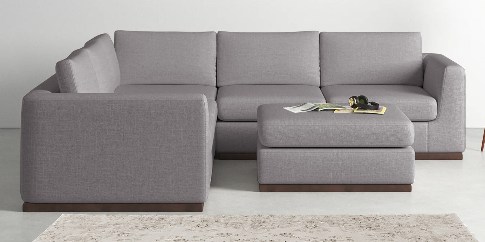 Freedom Velvet 6 Seater LHS Corner Sofa In Concrete Grey Colour With Ottoman - Febonic Living