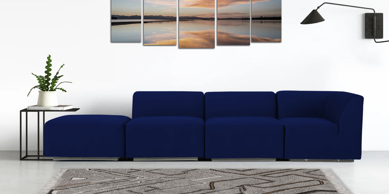Bufa Velvet LHS Sectional Sofa In Dark Blue Colour With Ottoman - Febonic Living