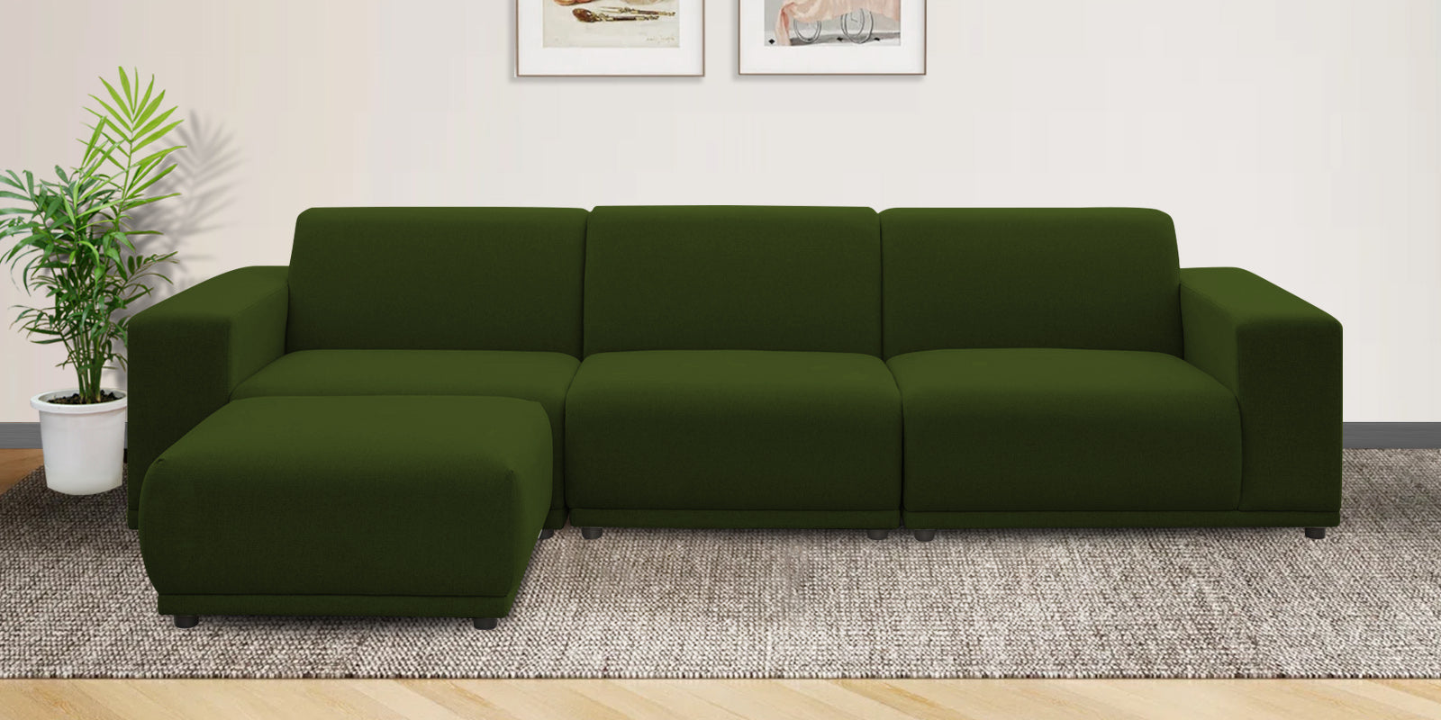 Adam Fabric LHS Sectional Sofa (3+Ottoman Lounger) In Olive Green Colour - Febonic Living