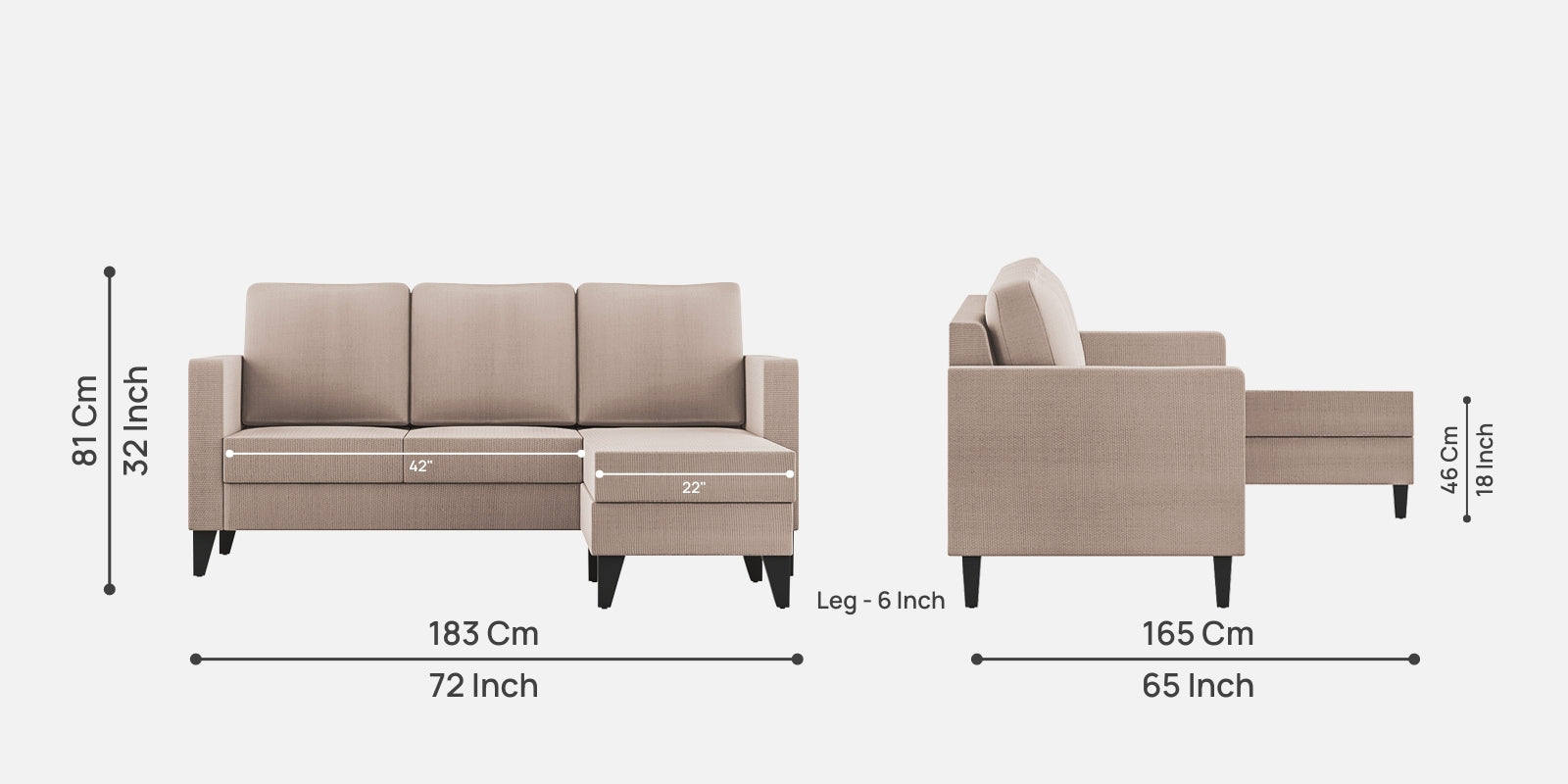 Nori Fabric LHS Sectional Sofa (2+Lounger) In Kadhi Beige Colour - Febonic Living