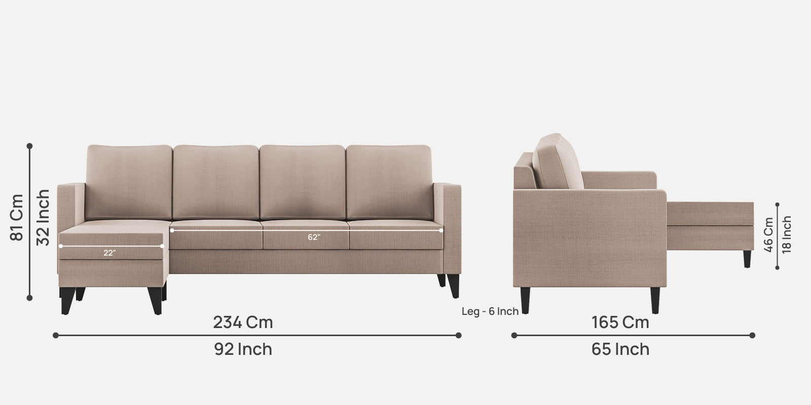 Nori Fabric RHS Sectional Sofa (3+Lounger) In Kadhi Beige Colour - Febonic Living