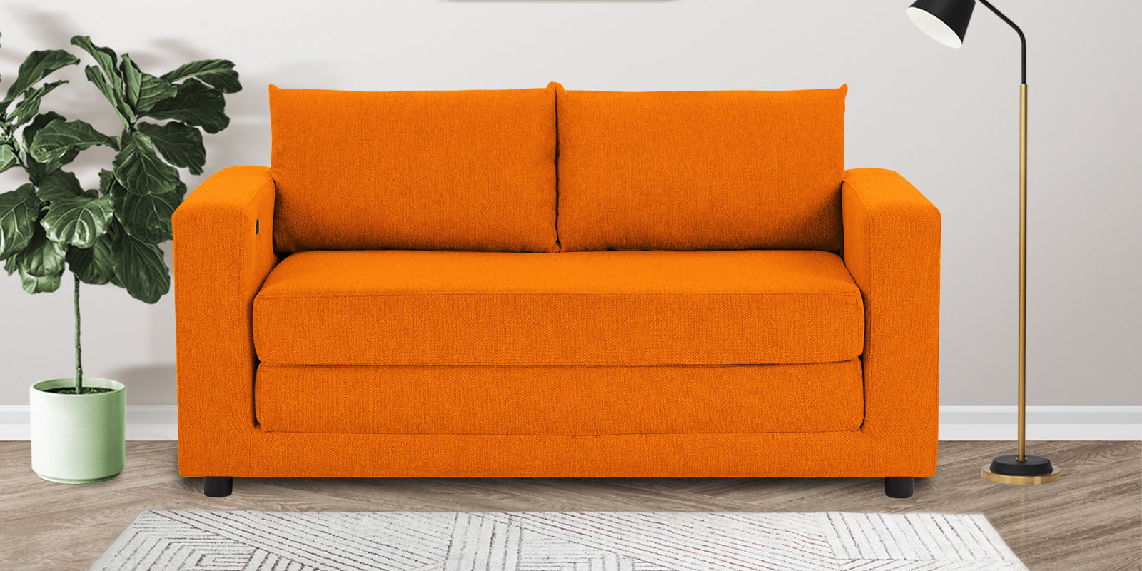 Roman Fabric 3 Seater Foldable Sofa Cum Bed In Vivid Orange Colour With USB Portable Type - Febonic Living