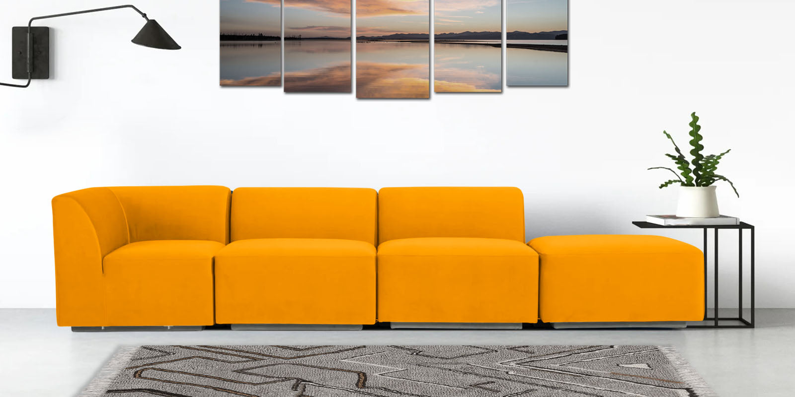 Bufa Velvet RHS Sectional Sofa In Saffron Yellow Colour With Ottoman - Febonic Living