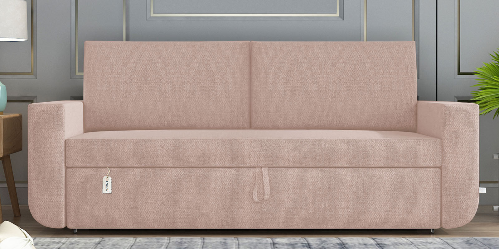 Grace Fabric 3 Seater Pull Out Sofa Cum Bed In Woom Beige Colour With Storage - Febonic Living