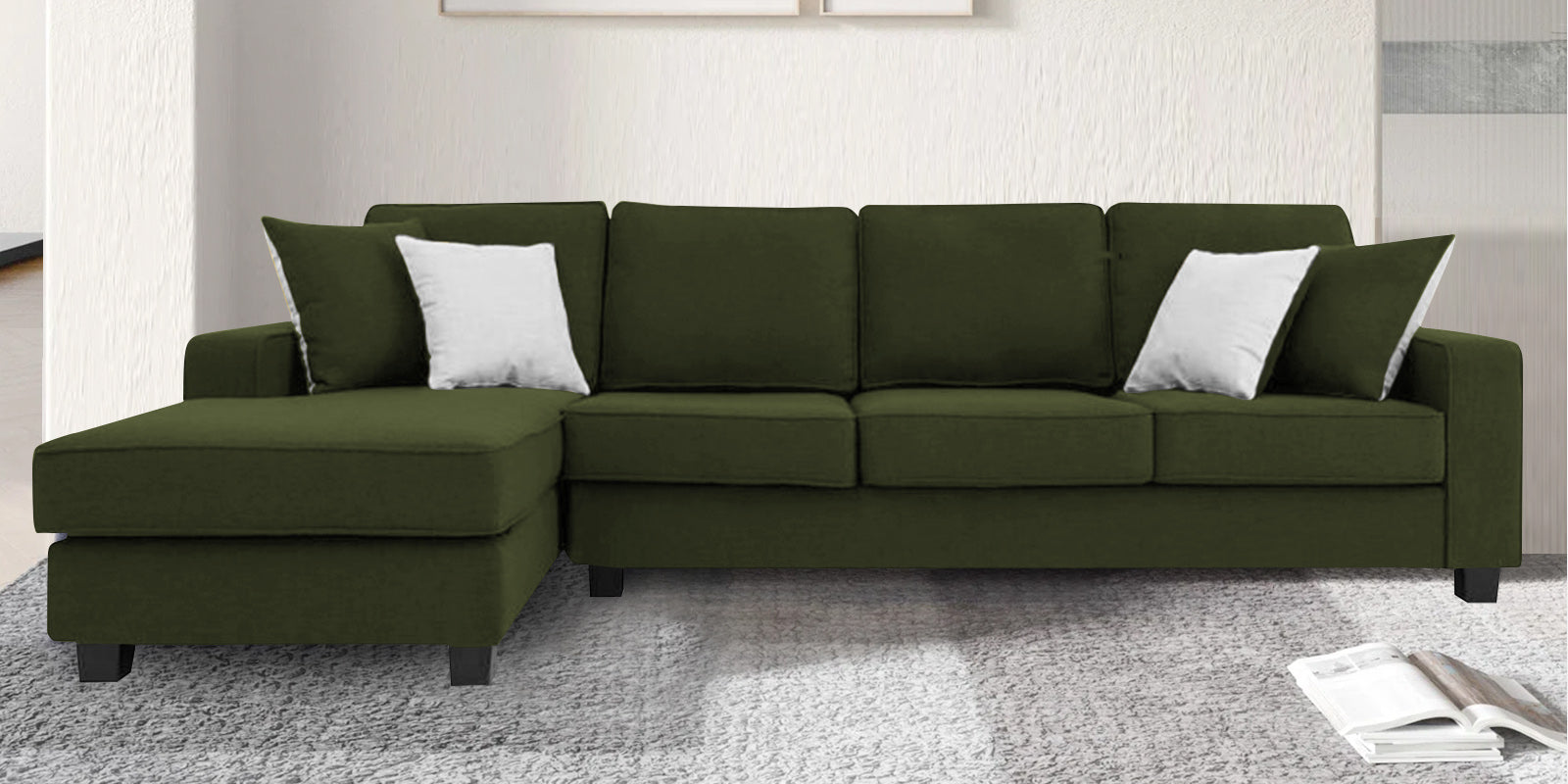 Ladybug Fabric RHS Sectional Sofa (3+Lounger) In Olive Green Colour - Febonic Living