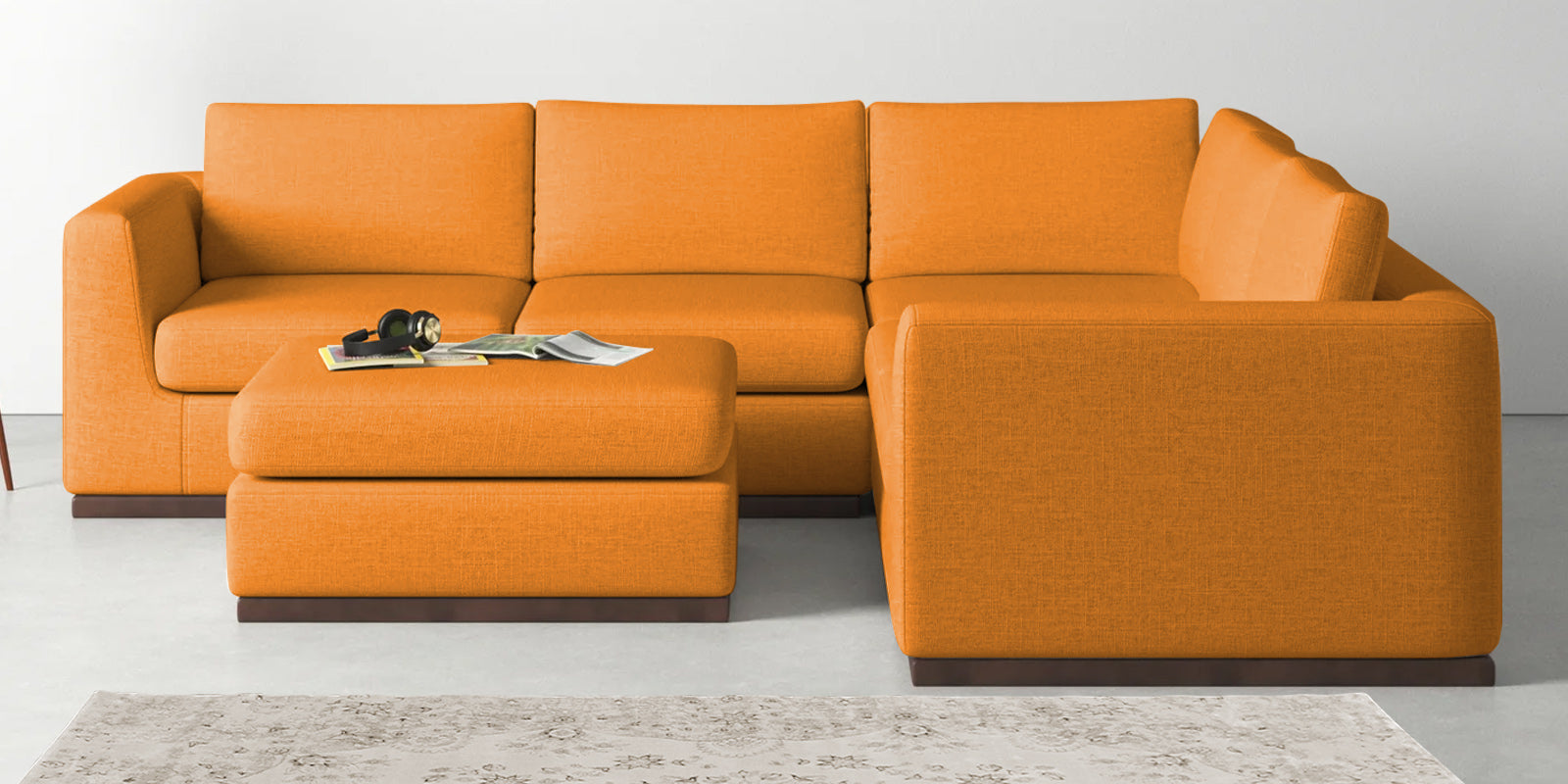 Freedom Velvet 6 Seater RHS Corner Sofa In Tangerine Orange Colour With Ottoman - Febonic Living
