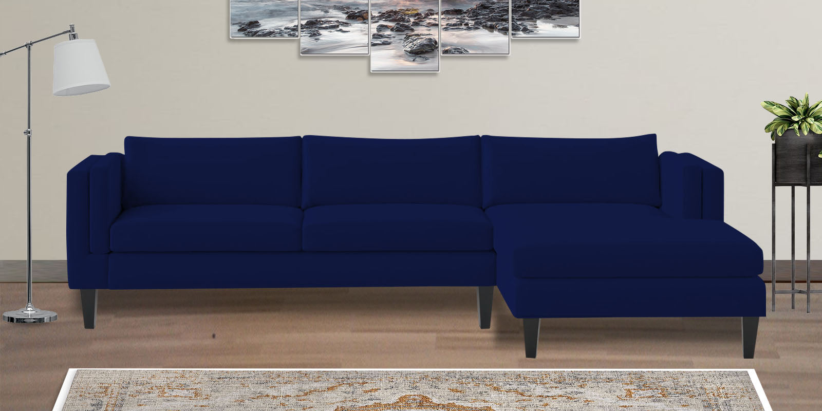 Jasper Velvet LHS Sectional Sofa (3+Lounger) In Dark Blue Colour - Febonic Living