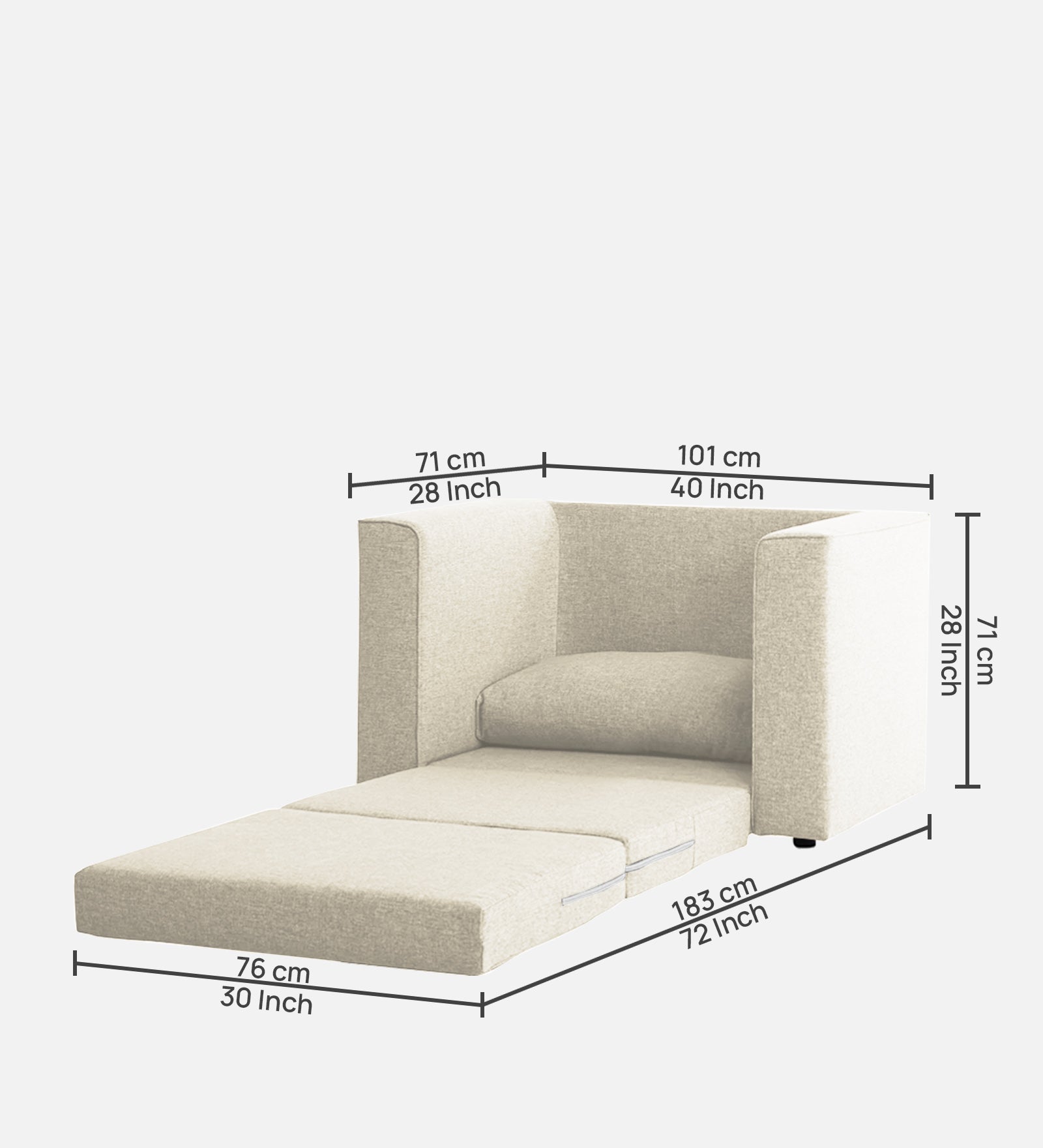 Kenia Fabric 1 Seater Foldable Sofa Cum Bed In Ivory cream Colour - Febonic Living