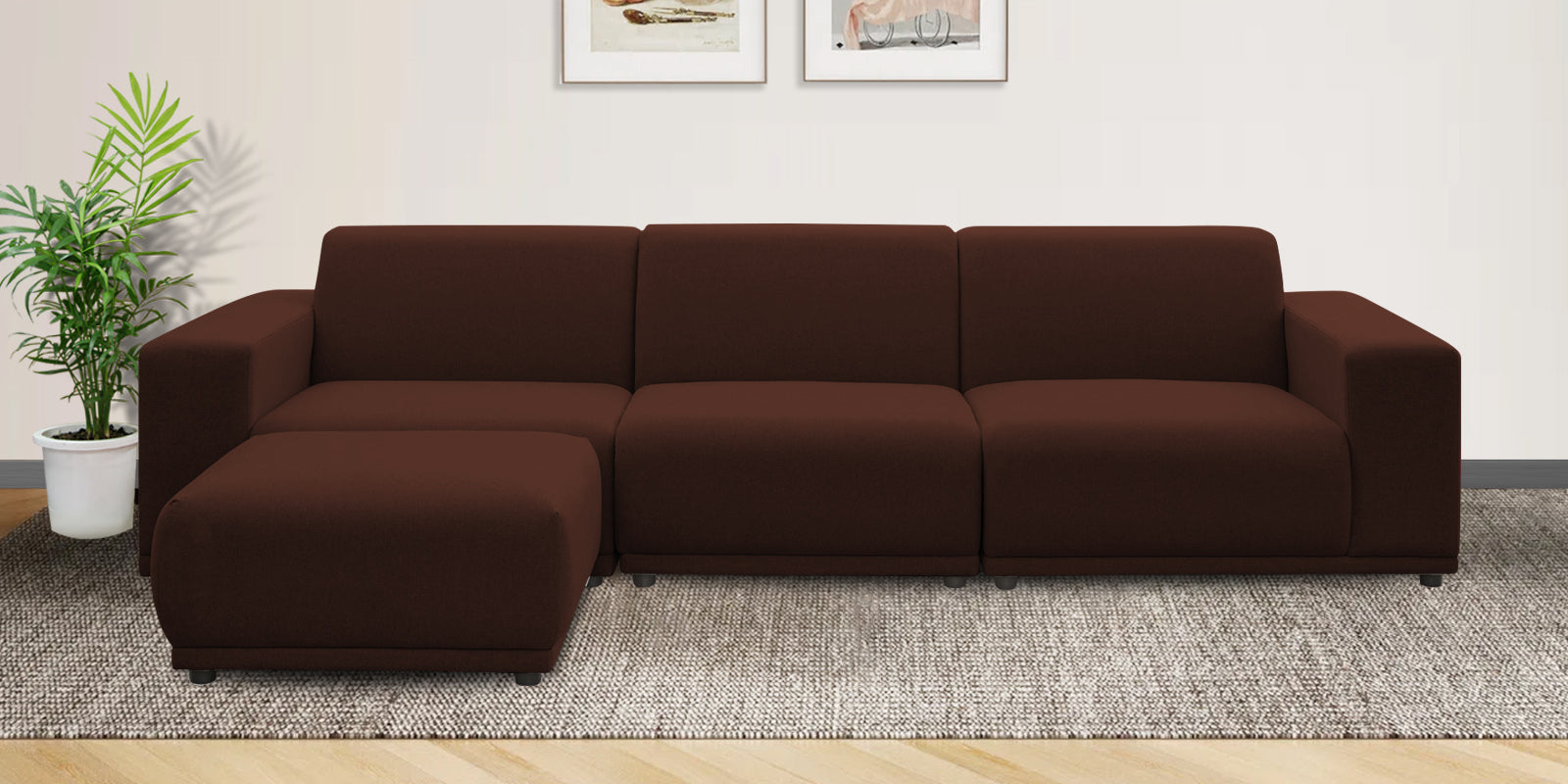 Adam Fabric LHS Sectional Sofa (3+Ottoman Lounger) In Coffee Brown Colour - Febonic Living