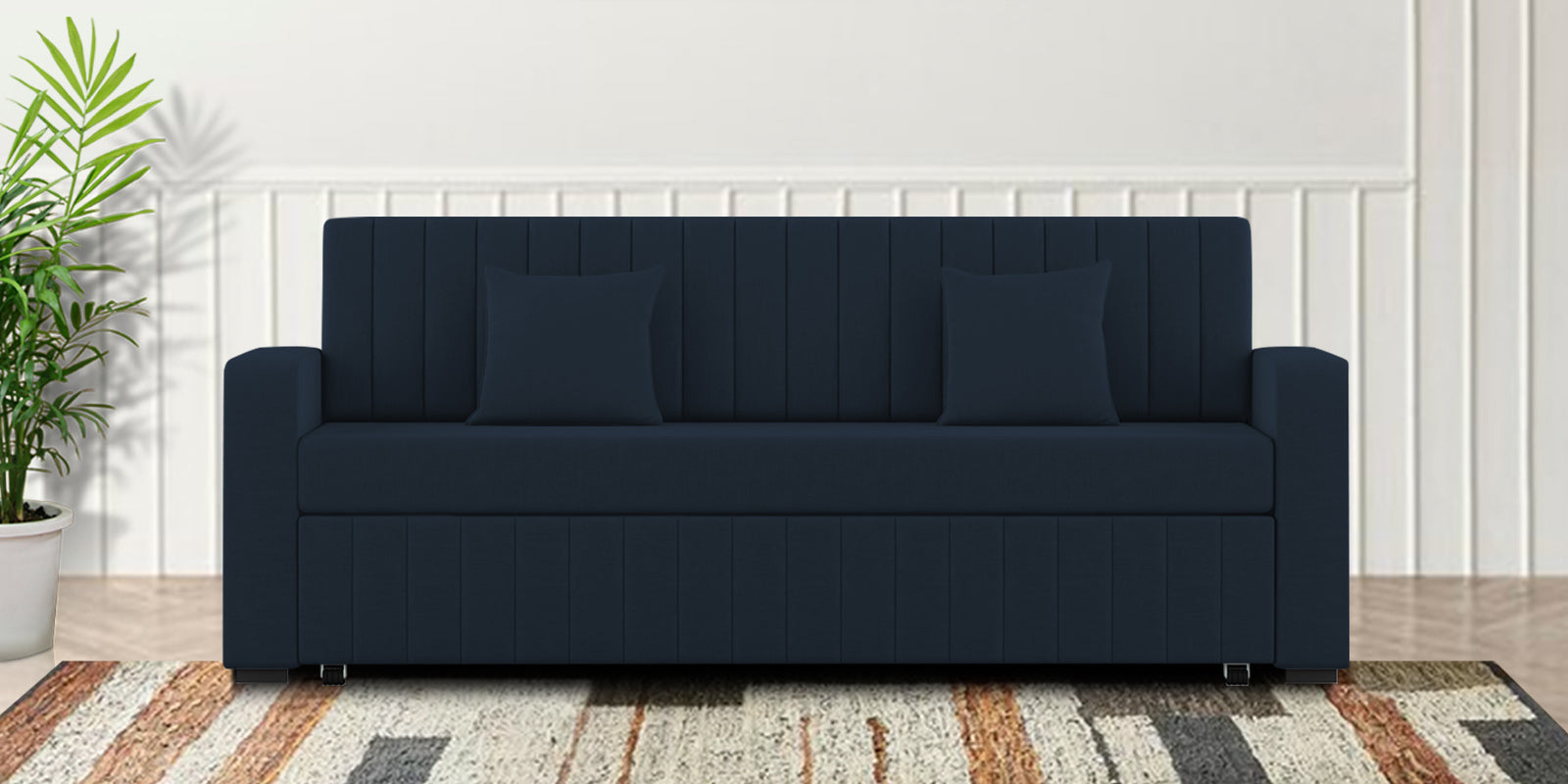 Calra Fabric 3 Seater Pull Out Sofa Cum Bed In Denim Blue Colour With Storage - Febonic Living