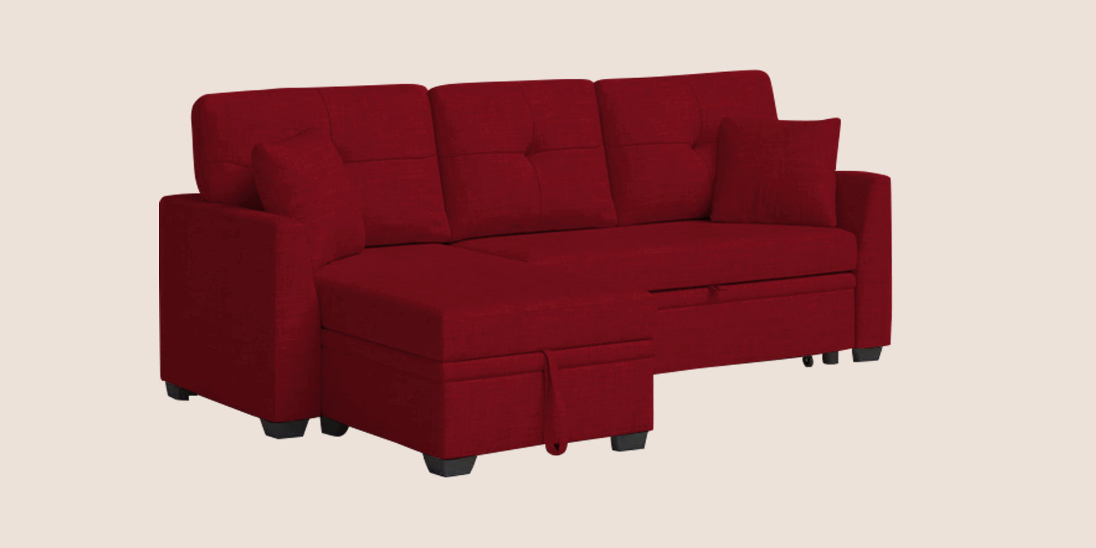 Jody Fabric 3 Seater Pull Out Sofa Cum Bed In Ruby Red Colour With Storage - Febonic Living