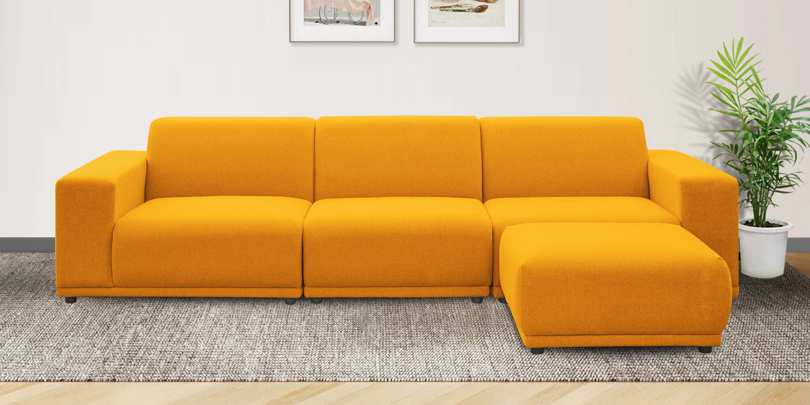 Adam Fabric RHS Sectional Sofa (3+Ottoman Lounger) In Bold Yellow Colour - Febonic Living
