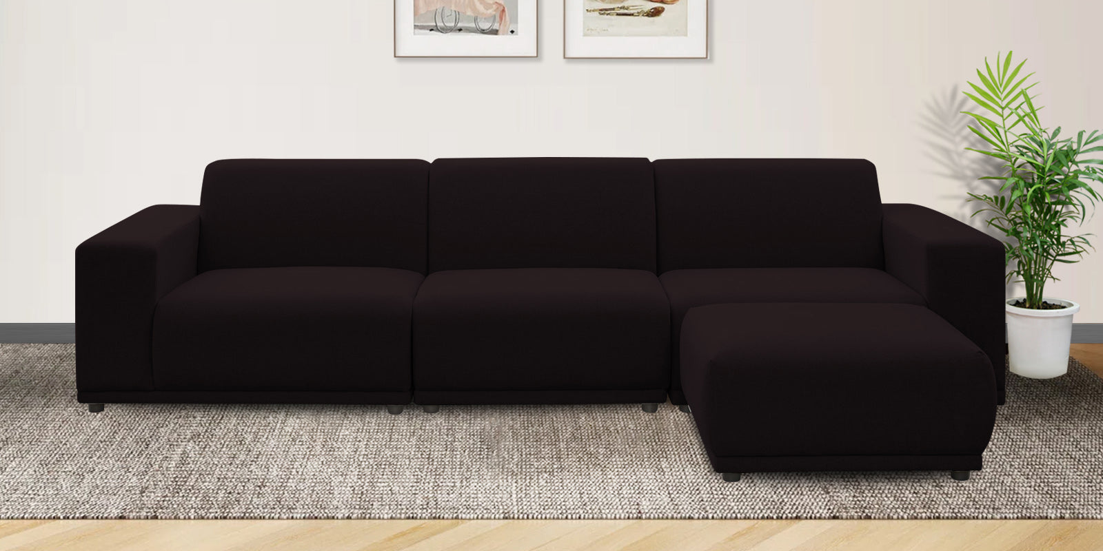 Adam Fabric RHS Sectional Sofa (3+Ottoman Lounger) In Cara Brown Colour - Febonic Living
