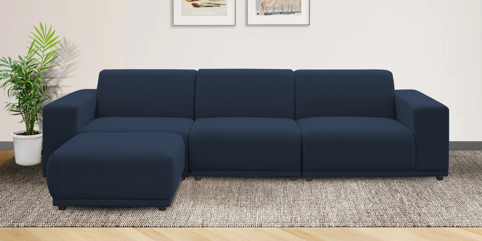 Adam Fabric LHS Sectional Sofa (3+Ottoman Lounger) In Denim Blue Colour - Febonic Living