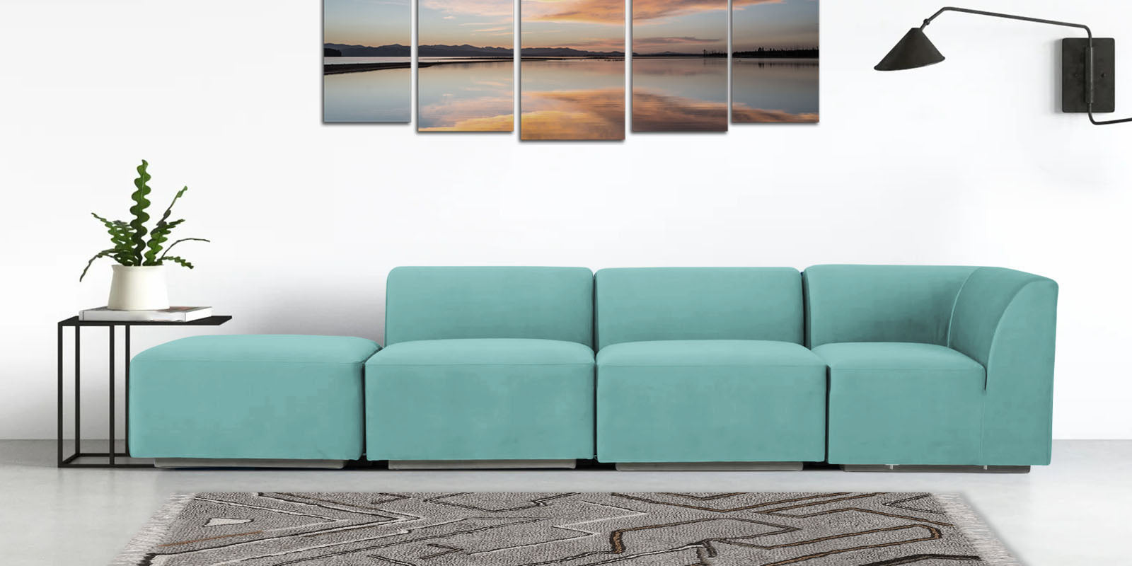 Bufa Velvet LHS Sectional Sofa In Aqua Blue Colour With Ottoman - Febonic Living