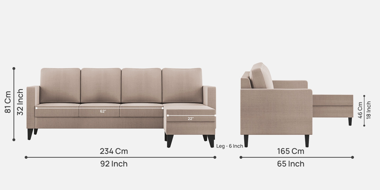 Nori Fabric LHS Sectional Sofa (3+Lounger) In Kadhi Beige Colour - Febonic Living