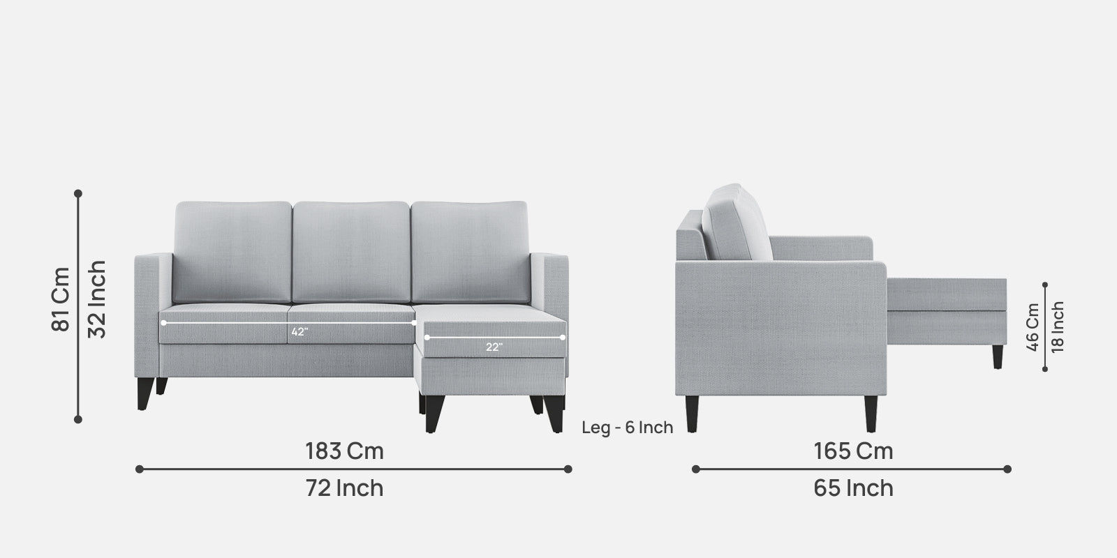 Nori Fabric LHS Sectional Sofa (2+Lounger) In Coin Grey Colour - Febonic Living