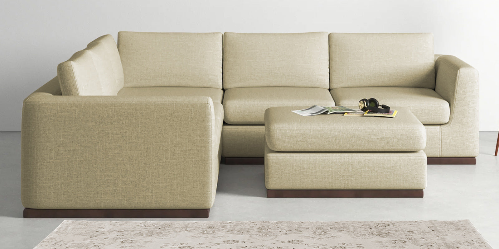 Freedom Velvet 6 Seater LHS Corner Sofa In Warm White Colour With Ottoman - Febonic Living