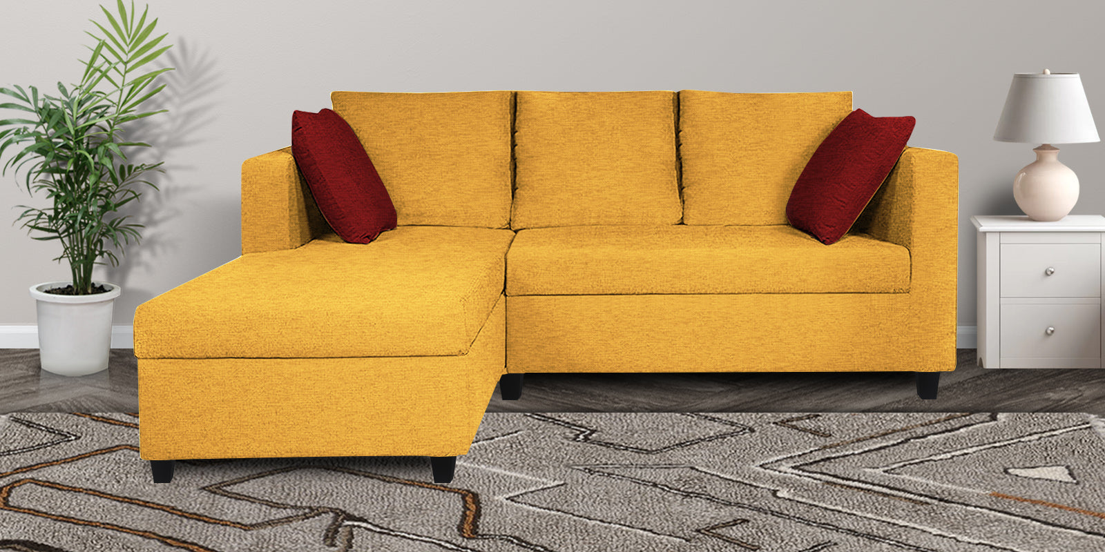 Nebula Fabric RHS Sectional Sofa (2+Lounger) In Bold Yellow Colour - Febonic Living