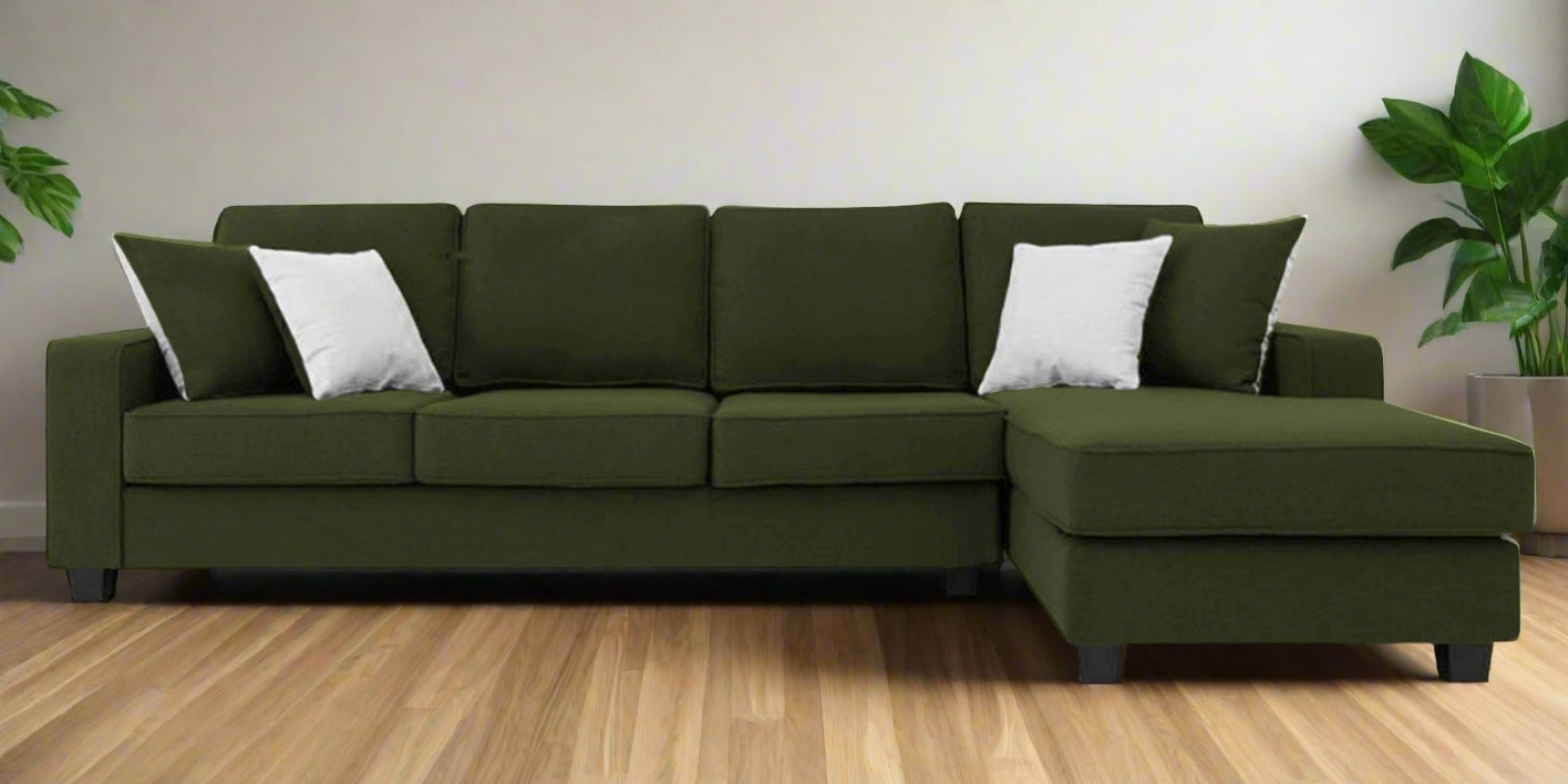 Ladybug Fabric LHS Sectional Sofa (3+Lounger) In Olive Green Colour - Febonic Living