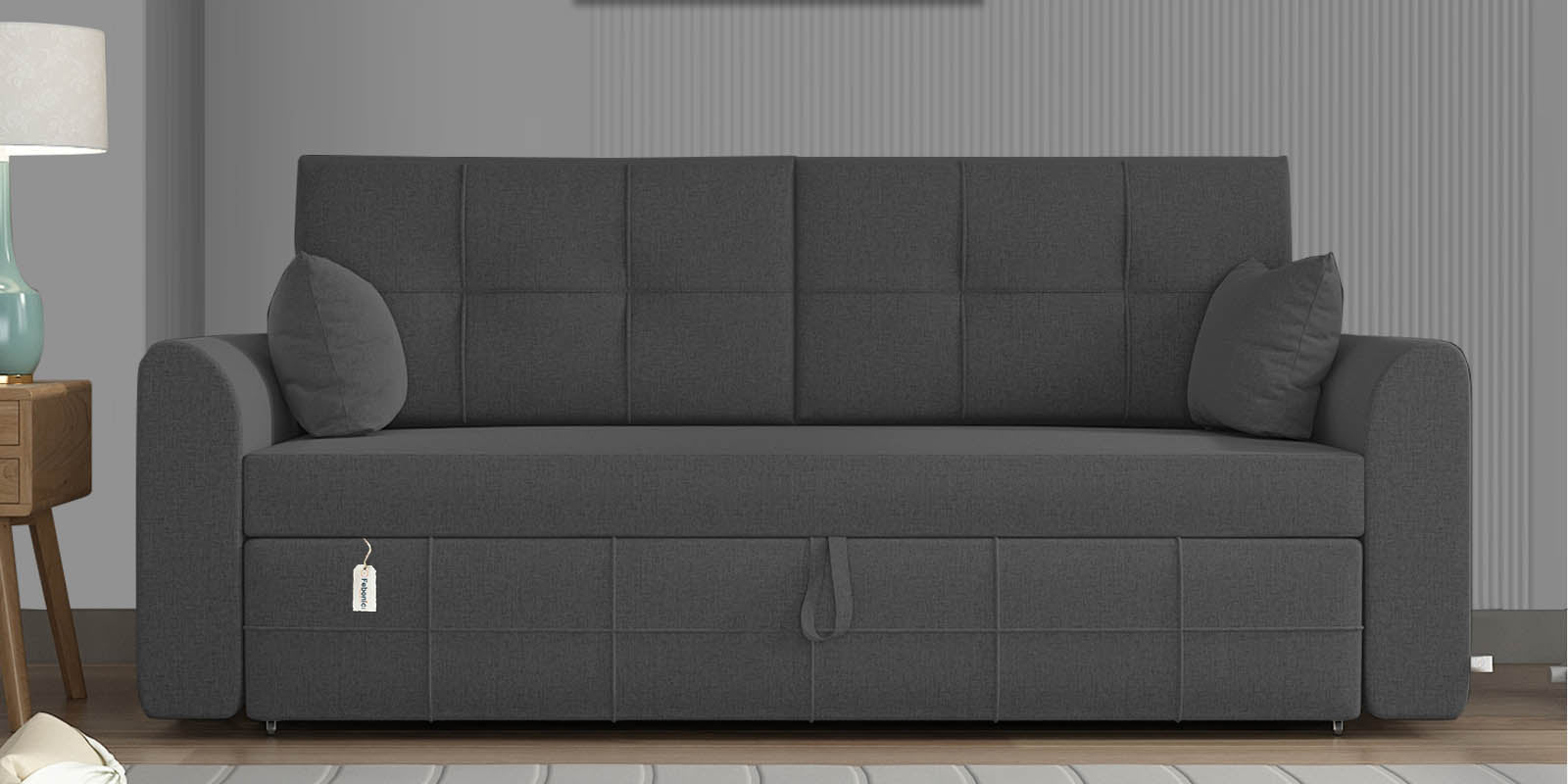 Ines Fabric 3 Seater Pull Out Sofa Cum Bed In Charcoal Grey Colour With Storage - Febonic Living