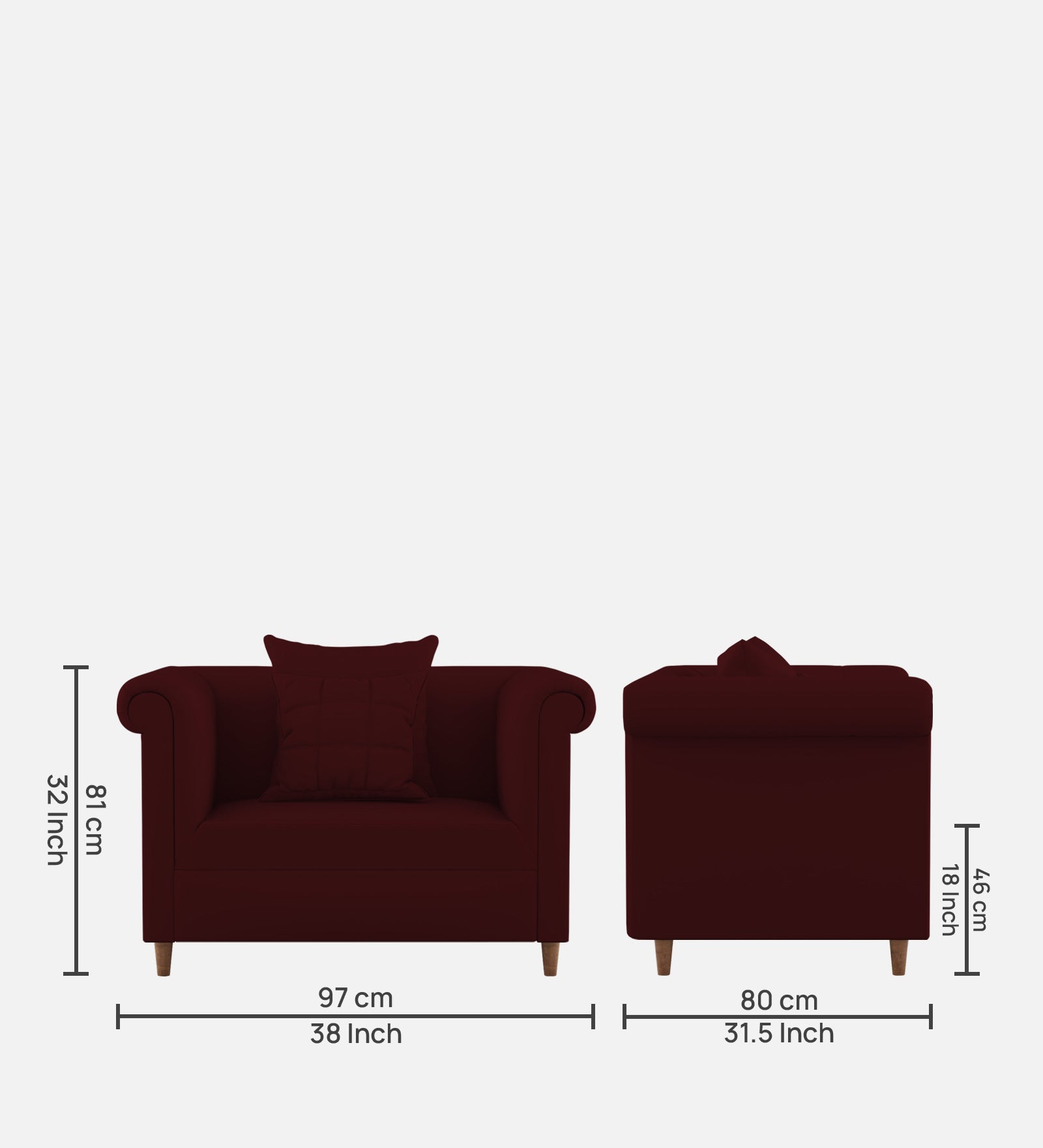 Rubi Velvet 1 Seater Sofa In Blood Maroon Colour - Febonic Living
