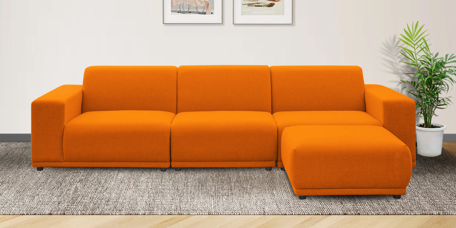 Adam Fabric RHS Sectional Sofa (3+Ottoman Lounger) In Vivid Orange Colour - Febonic Living