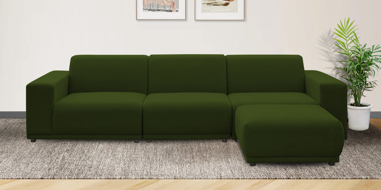 Adam Fabric RHS Sectional Sofa (3+Ottoman Lounger) In Olive Green Colour - Febonic Living