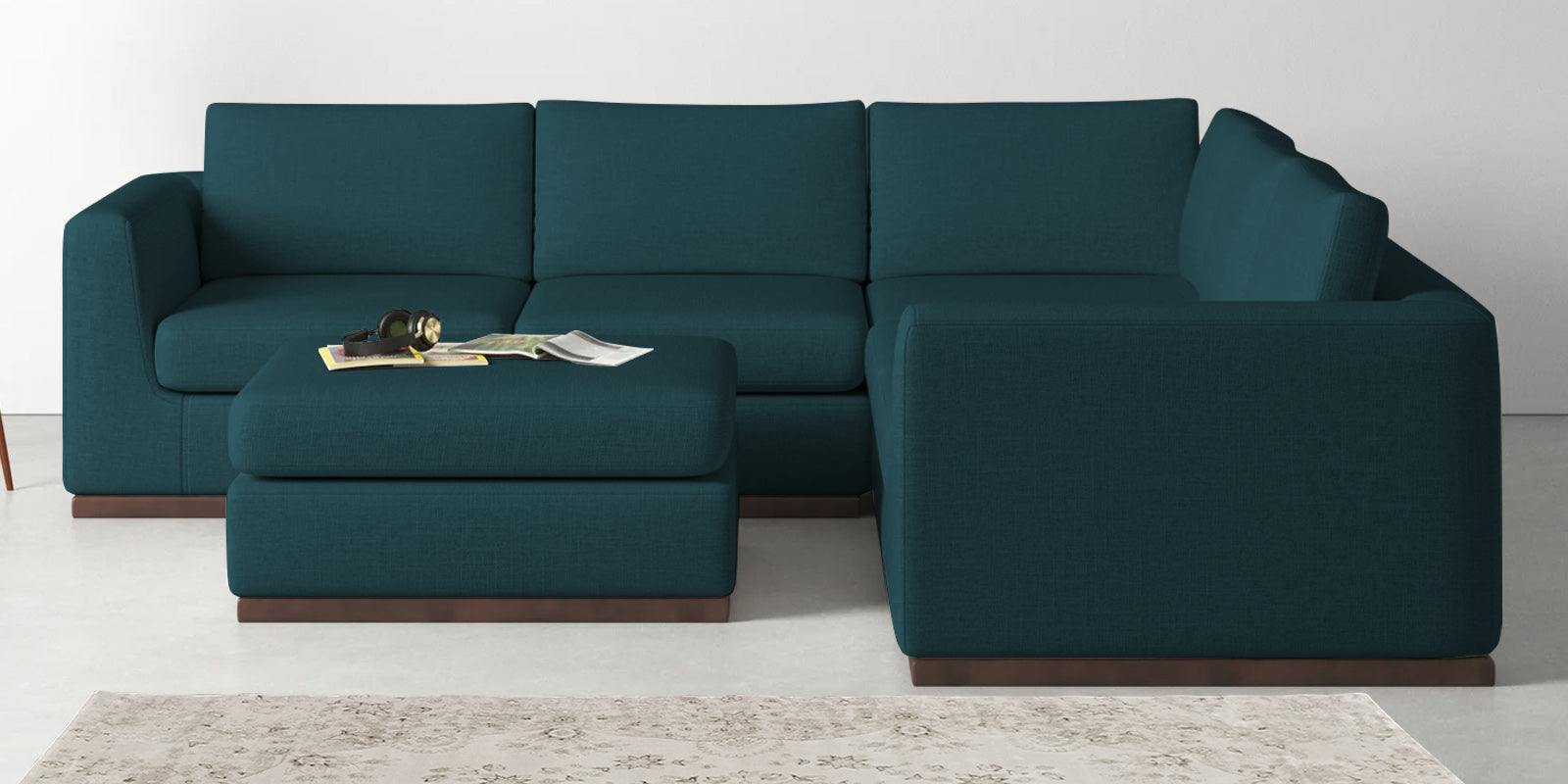 Freedom Velvet 6 Seater RHS Corner Sofa In Arabian Green Colour With Ottoman - Febonic Living