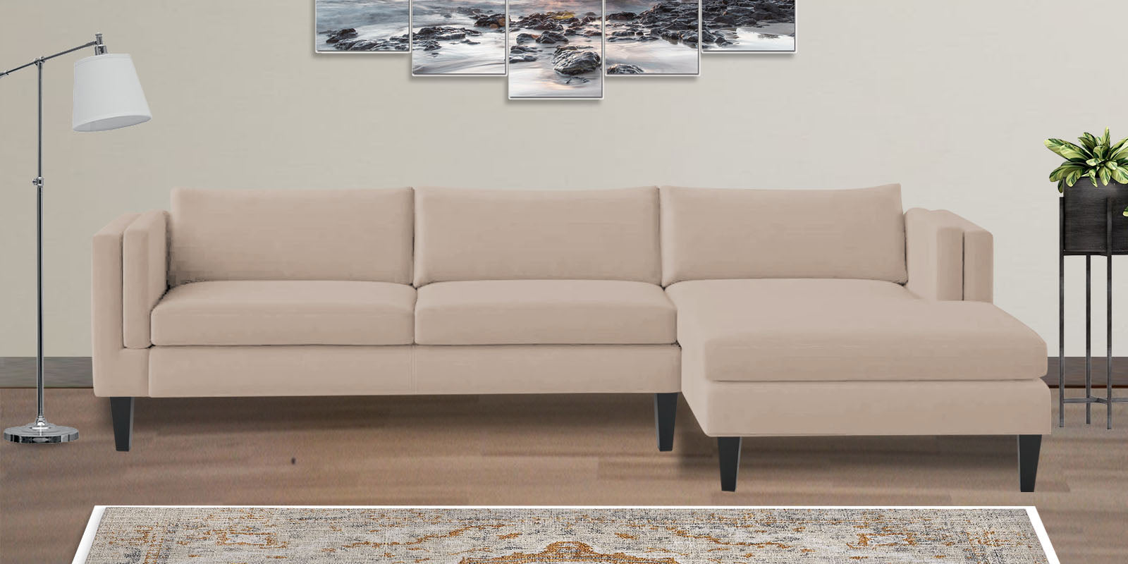 Jasper Velvet LHS Sectional Sofa (3+Lounger) In Camel Beige Colour - Febonic Living