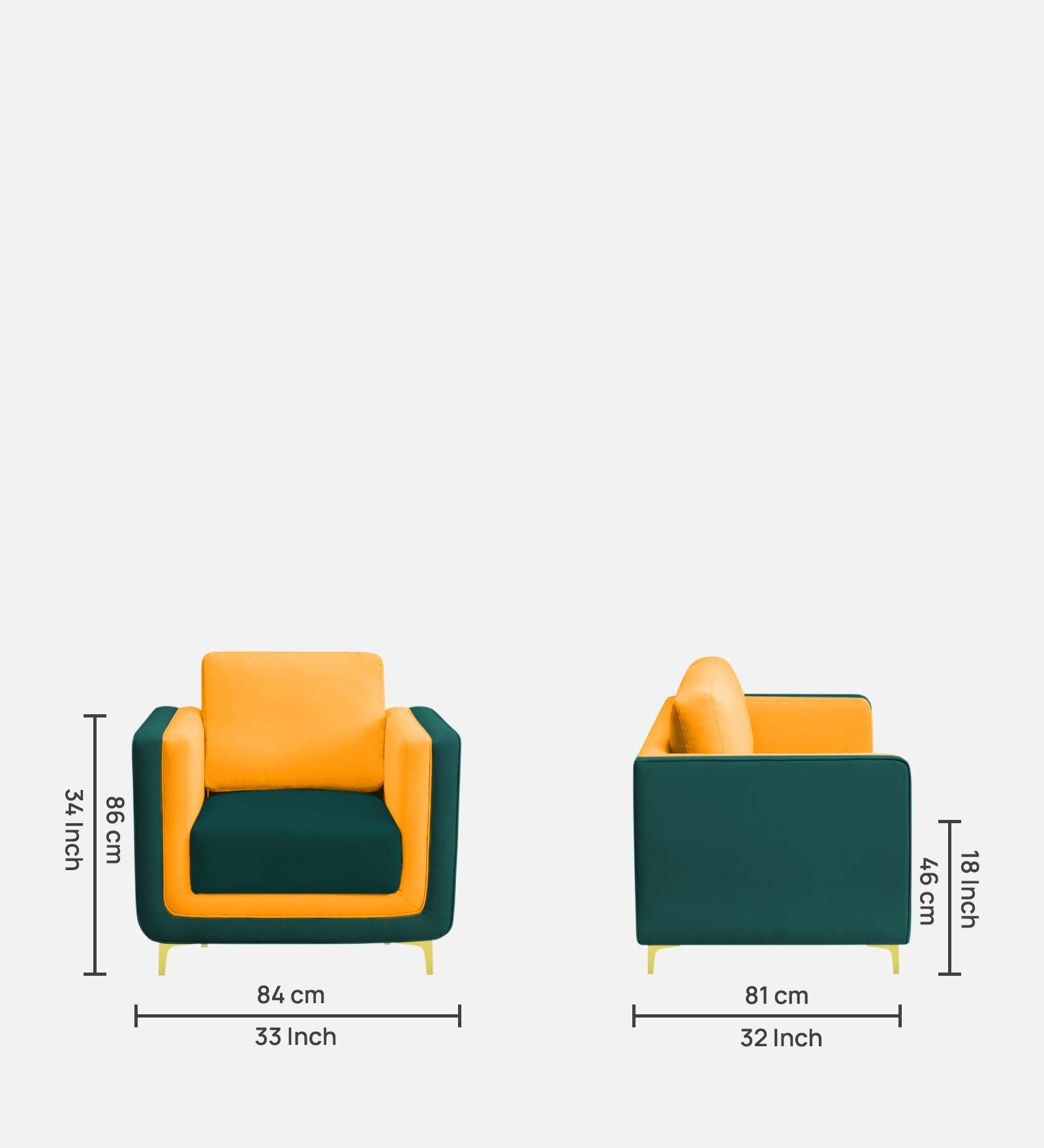Visky Velvet 1 Seater Sofa In Saffron Yellow And Amazon Green Colour - Febonic Living