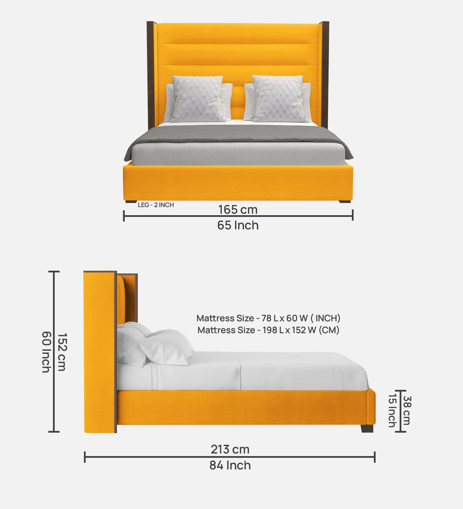 Sunny Fabric Queen Size Bed In Bold Yellow Colour - Febonic Living