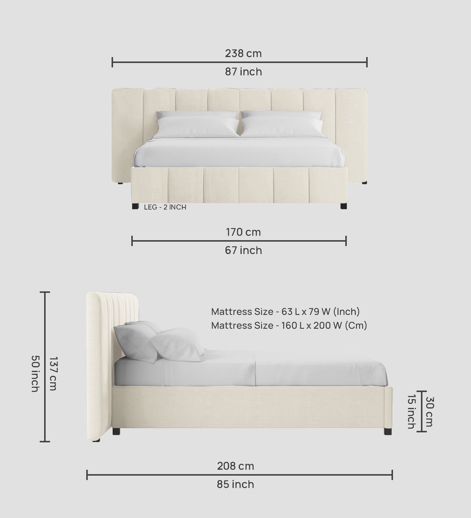 Nora Fabric Queen Size Bed In Ivory Cream Colour With Box Storage - Febonic Living