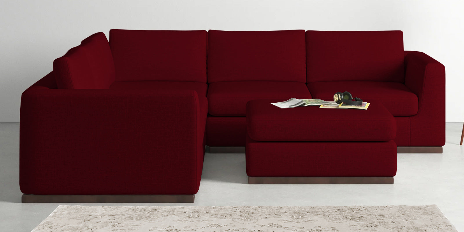 Freedom Velvet 6 Seater LHS Corner Sofa In Cherry Red Colour With Ottoman - Febonic Living