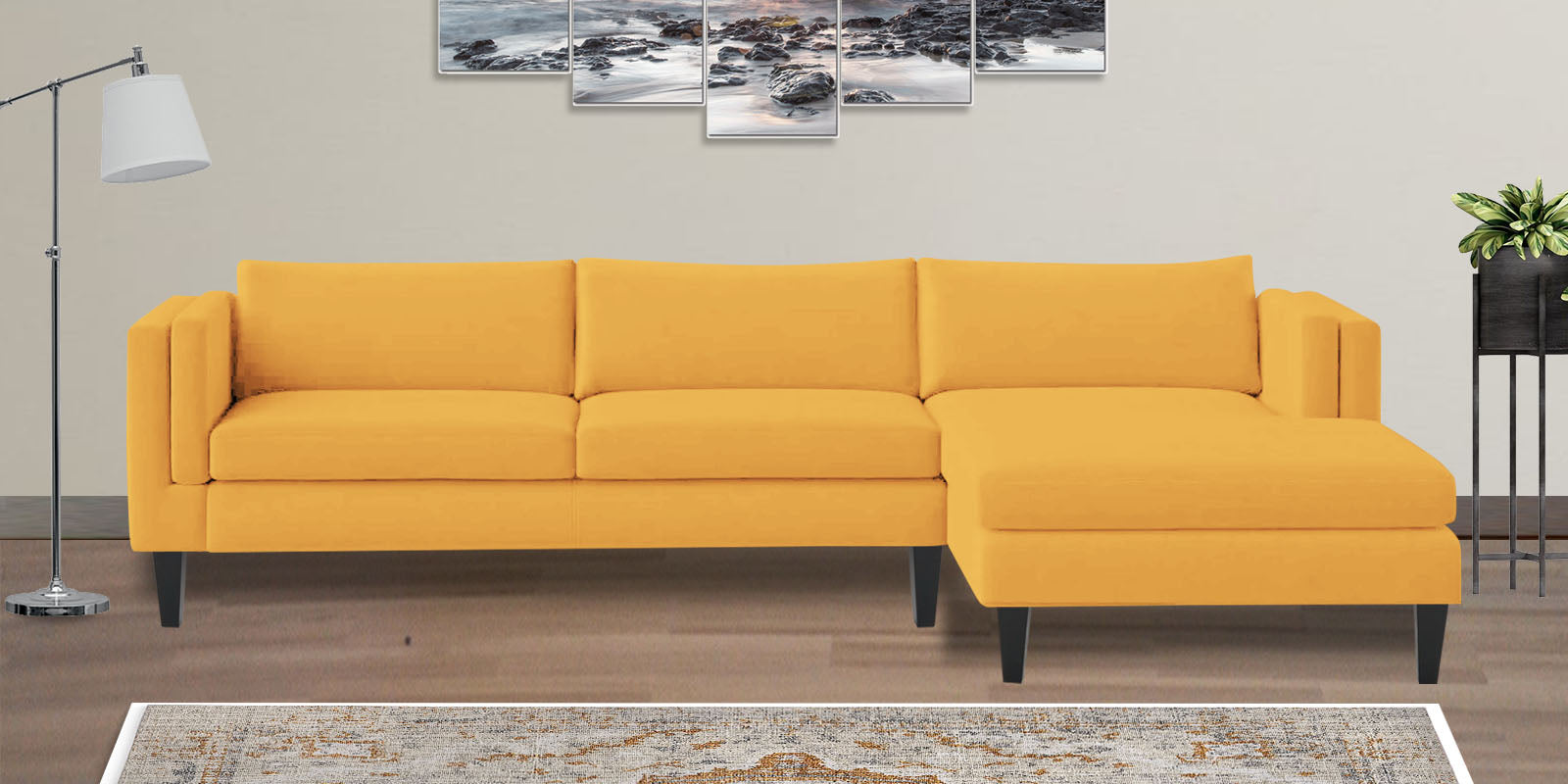 Jasper Velvet LHS Sectional Sofa (3+Lounger) In Turmeric yellow Colour - Febonic Living