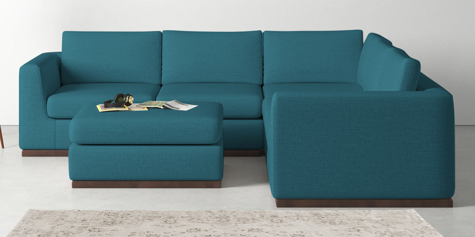 Freedom Velvet 6 Seater RHS Corner Sofa In Aqua Blue Colour With Ottoman - Febonic Living