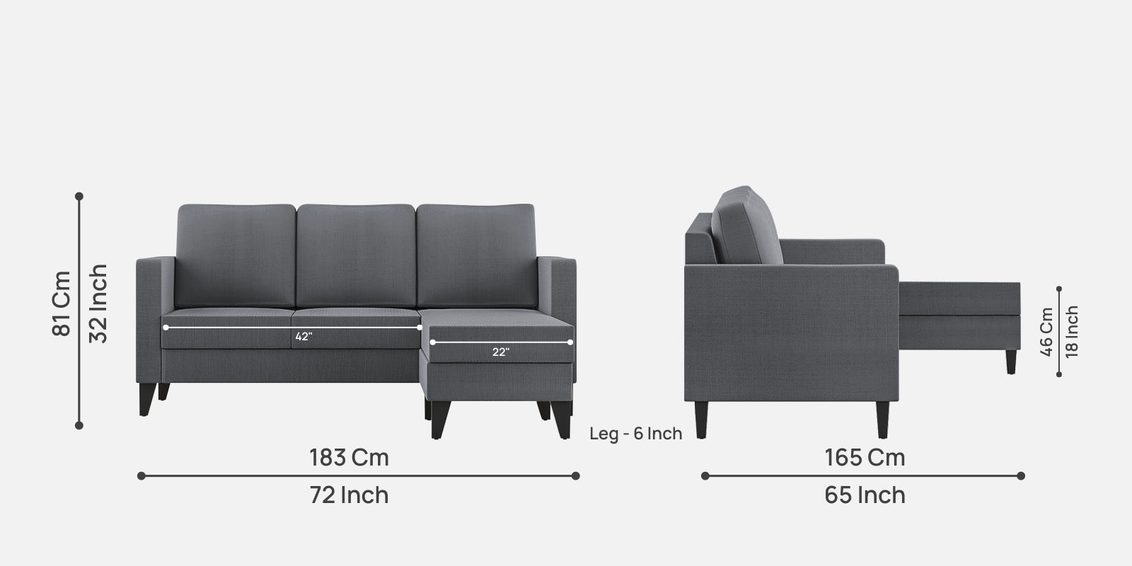 Nori Fabric LHS Sectional Sofa (2+Lounger) In Maba Grey Colour - Febonic Living