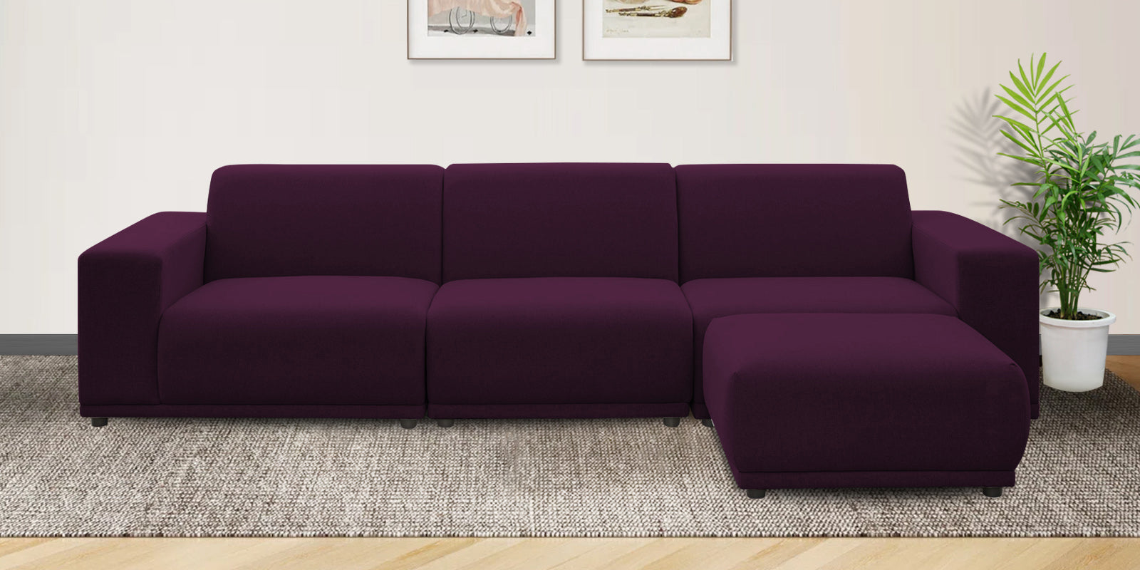 Adam Fabric RHS Sectional Sofa (3+Ottoman Lounger) In Greek Purple Colour - Febonic Living