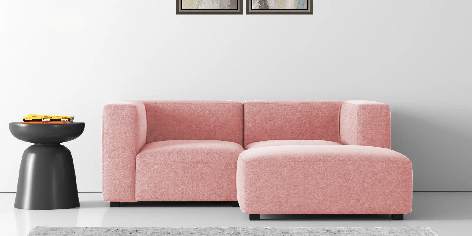 Dora Velvet LHS Sectional Sofa (2+Ottoman Lounger) In Millennial Pink Colour - Febonic Living