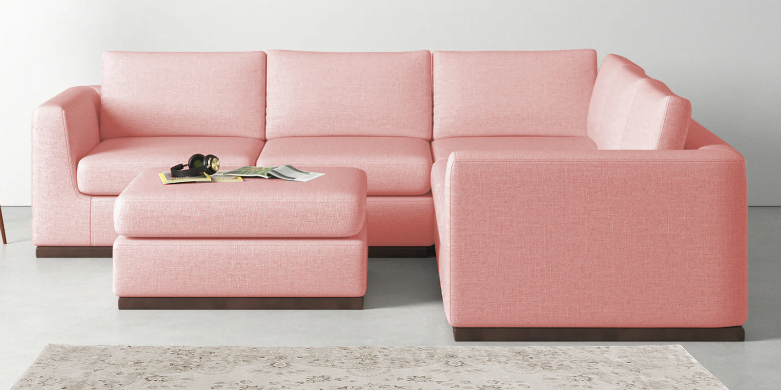 Freedom Velvet 6 Seater RHS Corner Sofa In Millennial Pink Colour With Ottoman - Febonic Living