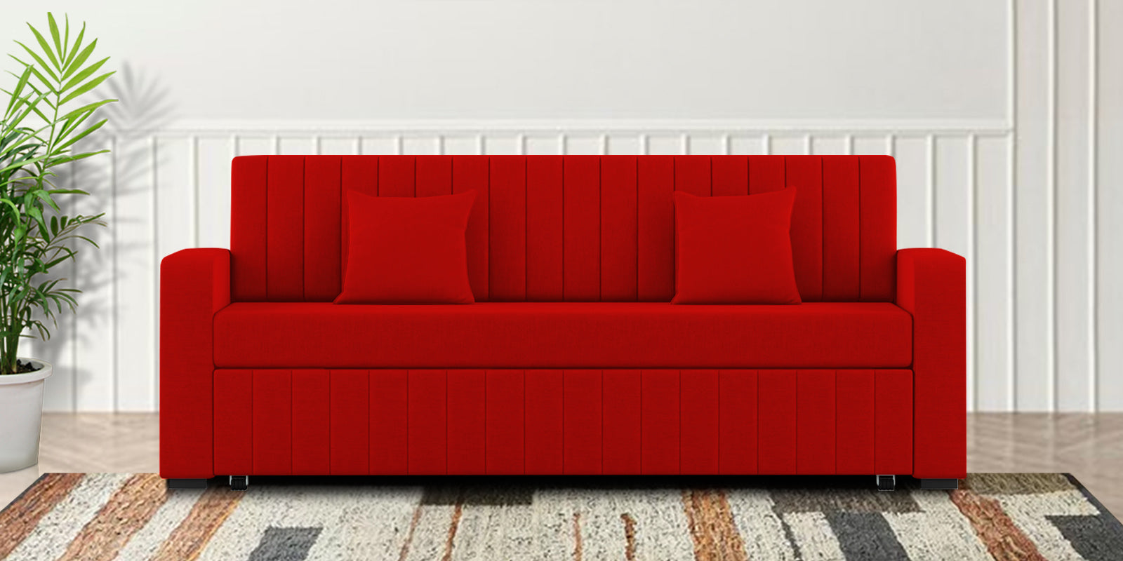 Calra Fabric 3 Seater Pull Out Sofa Cum Bed In Ruby Red Colour With Storage - Febonic Living