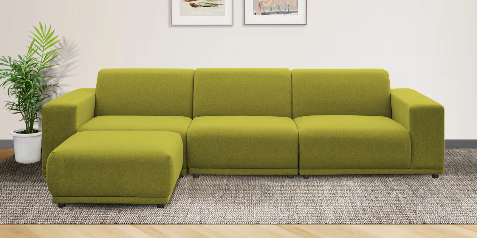 Adam Fabric LHS Sectional Sofa(3+Ottoman Lounger) In Parrot Green Colour - Febonic Living