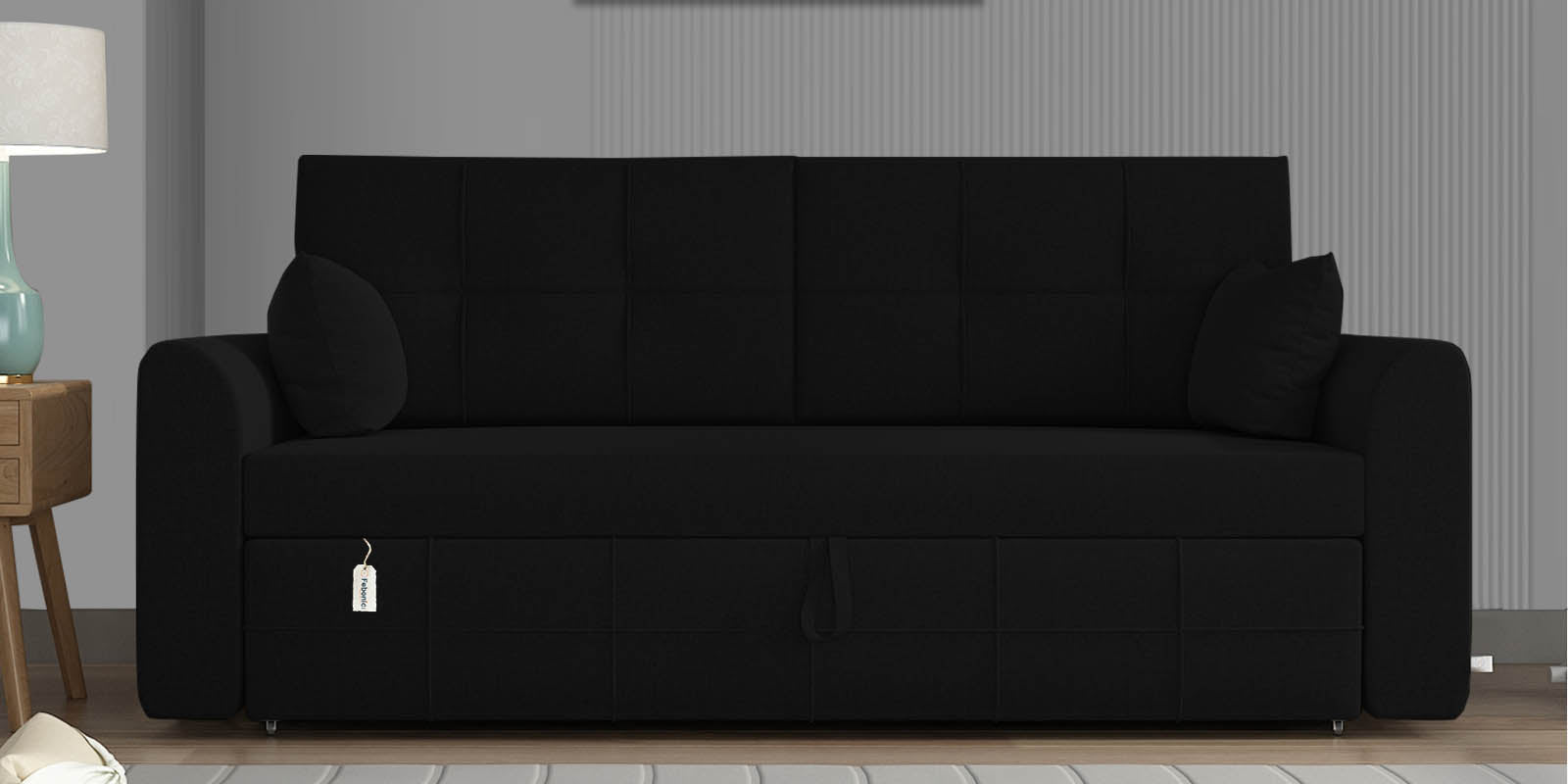 Ines Velvet 3 Seater Pull Out Sofa Cum Bed In In Zed Black Colour With Storage - Febonic Living
