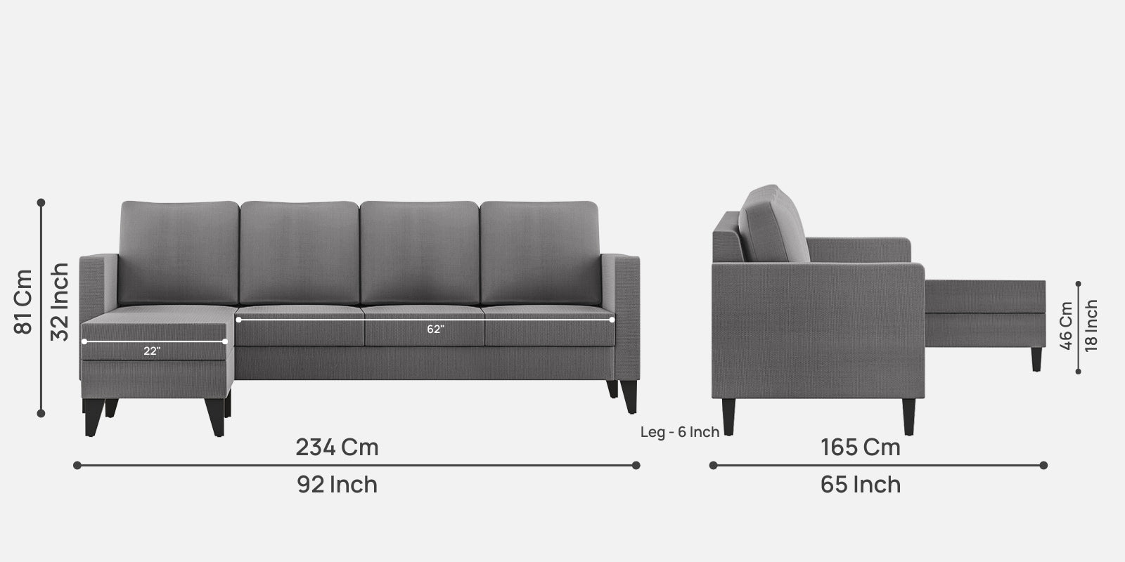 Nori Fabric RHS Sectional Sofa (3+Lounger) In Sudo Grey Colour - Febonic Living