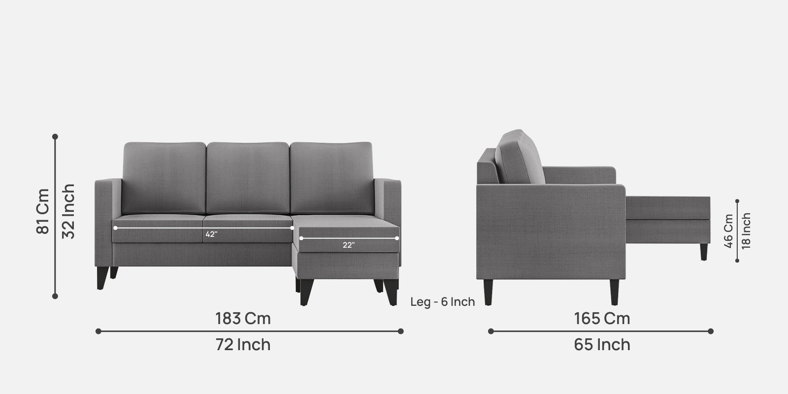 Nori Fabric LHS Sectional Sofa (2+Lounger) In Sudo Grey Colour - Febonic Living