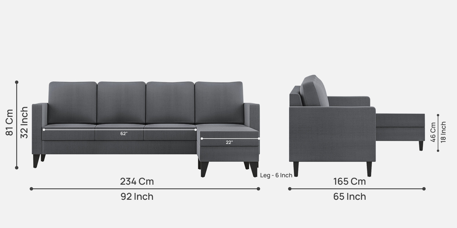 Nori Fabric LHS Sectional Sofa (3+Lounger) In Maba Grey Colour - Febonic Living